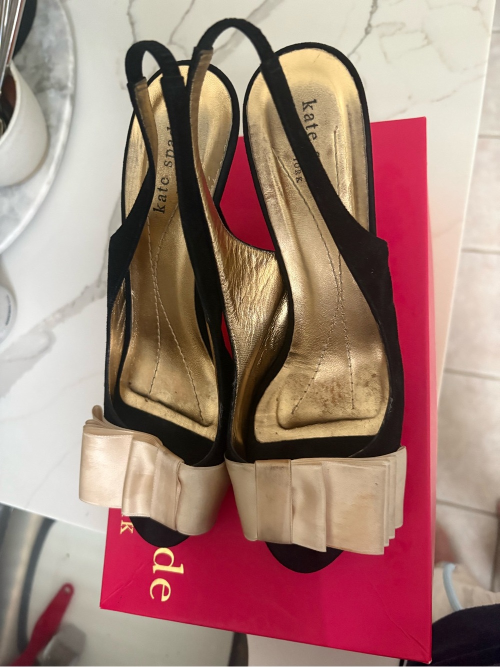 kate spade Black Slingback Heels with Cream Bow Accent
